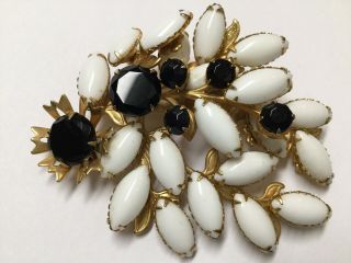 Juliana Vintage Black & White Milk Glass Marquise Rhinestone Flower Pin Brooch