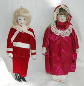 Pair Vintage Victorian Style China Dolls Christmas Ornaments Sateen & Velveteen