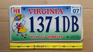 License Plate,  Virginia,  Specialty: Drive Out Diabetes,  Cute 1371 Db