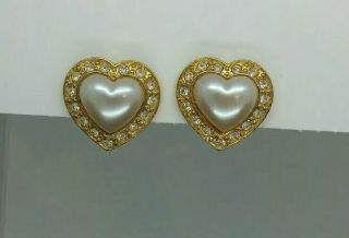 Avon Vintage Faux Pearl & Rhinestone Heart Clip On Earrings Jewelry