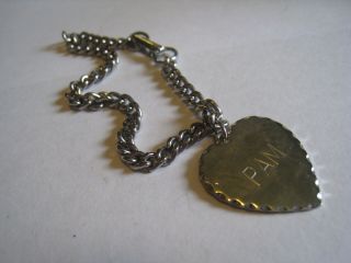 Vintage Silver Tone Chain Bracelet With " Pam " Id,  Monogram Heart Charm