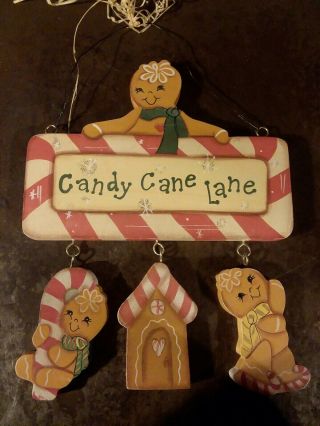 Christmas Gingerbread Girls Hanging Door Plaque " Candy Cane Lane " Vintage Wooden
