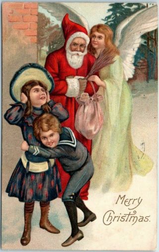 Vintage " Merry Christmas " Embossed Postcard Santa Claus W/ Angel - 1912 Cancel