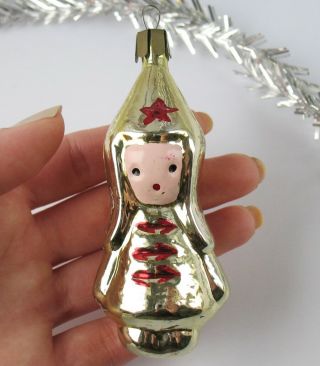 Boy Vintage Xmas Decor Gold Christmas Ornament Russian Ussr Glass2 Red Army Man