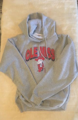 Ole Miss Rebels Colonel Reb Pull Over Hoodie Large Gray Pockets Vintage Look