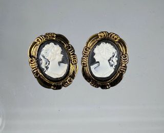 Vintage Sweet Black & White Victorian Cameo On Gold Pierced Earrings