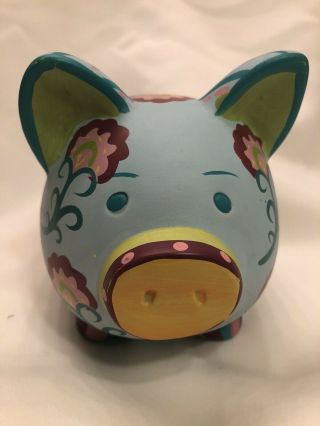 Vintage Hand Painted Ceramic Pig Piggy Bank Blue & Multi Color Floral 14 " Round