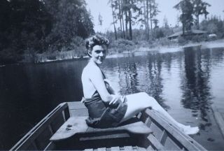 1940’s Pretty Bathing Suit Lady Sits Barefoot In Boat Vintage Snapshot Photo