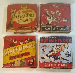 4 Castle & Official Films Silent 16mm Boy Meets Dog Mouse Movies Terrytoons