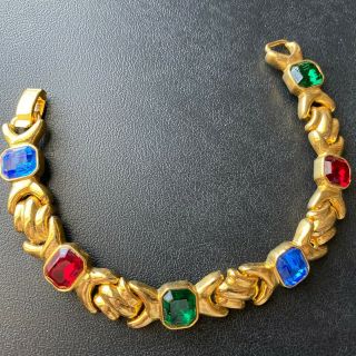 1970s 80s Vintage Gold Tone Retro Emerald Ruby Sapphire Rhinestone Bracelet 1004