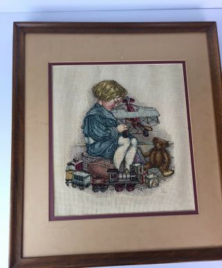 Framed Needle Point Sampler Girl Toys Vintage Signed Craft Cross Stitch Sewing