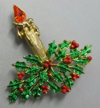 Vintage Jewelry Signed Jj Christmas Holly Candle Brooch Pin Rhinestone S