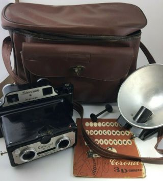 Vintage Coronet 3 - D Binocular Viewfinder Stereo Camera,  Case,  Flash Unit & Instr.