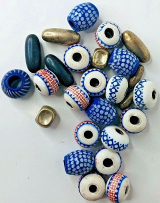 Macrame Beads Ceramic Hand Made Hand Painted Glazed Blue Silver Vintage