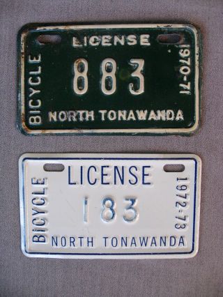 Pair 2 Vintage Metal North Tonawanda Ny Bicycle License Plates 1970 - 71,  1972 - 73