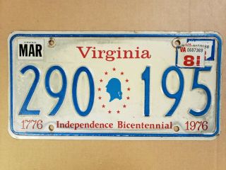 Vintage 1976/1981 Virginia License Plate,  Bicentennial,  Va - G Washington - 1776