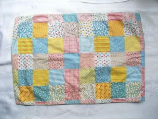 Vintage Handmade Baby Doll Quilt Pink Yellow Blue Floral Hand Tied 16.  5x24