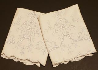 Vintage Pair White Pillowcases Pale Blue Floral Embroidery W/ Cut Work