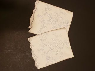 Vintage PAIR White PILLOWCASES PALE BLUE FLORAL Embroidery W/ Cut Work 2