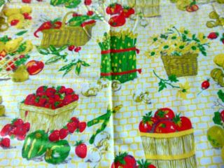 Vintage Yellow W/red & Green Fruit/vegetables Tablecloth 67 " X 44 "