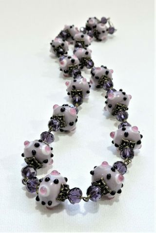 Vintage Lavender Pink Black White Bumpy Lampwork Art Glass Bead Necklace No19272