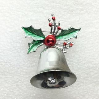 Vintage Christmas Jingle Bell Brooch Pin Rings Holly Enamel Costume Jewelry