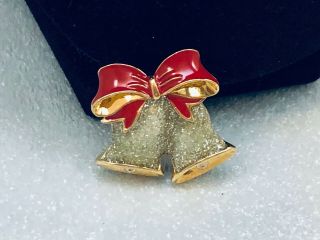 Vtg.  Avon Nina Ricci Gray & Red Glitter Enamel Double Christmas Bells Brooch
