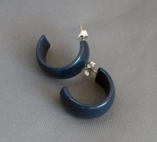 Small Pair Vintage Bakelite Hoop Earrings For Pierced Ears Dark Blue Color
