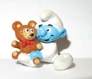 Vintage 1985 Smurf Baby With Teddy Bear Figure Schleich Peyo