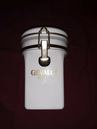 Vintage Gevalia Ceramic Coffee Canister,  Artic White With Gold Lettering,