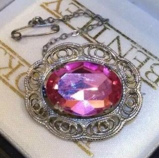 Vintage Jewellery Stunning Faceted Open Foil Back Pink Glass Filigree Brooch