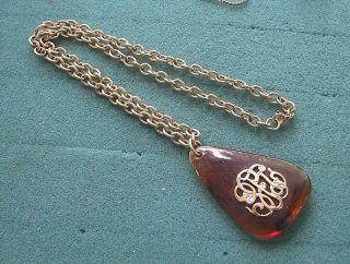 Amber Pendant Necklace With Gold Scrolling - Sarah Coventry Jewelry Sara Cov Vtg