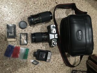 Vtg Minolta X370 Slr Camera W/ 2 Lenses/flash/color Filters & Carry Case Gc Nr