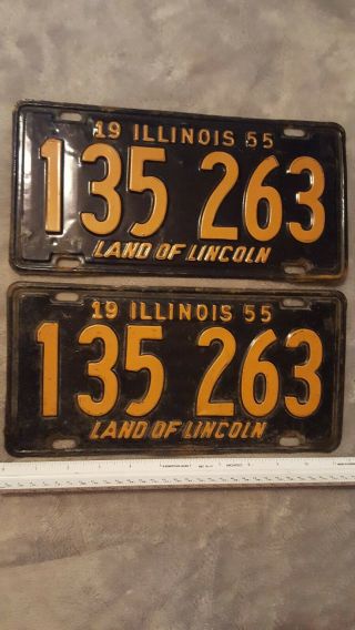 Pair Set (2) Vintage Illinois 1955 License Plate Land Of Lincoln " 135 263 "