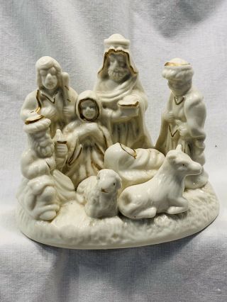 Vintage Porcelain White Nativity Scene With Gold Accents