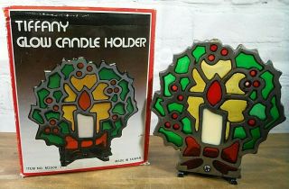 Vtg Tiffany Glow Candle Holder Christmas Wreath Cast Iron Stained Glass Box