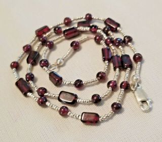 Vintage Sterling Silver Beaded Necklace W/ Polished Garnet Stone Beads