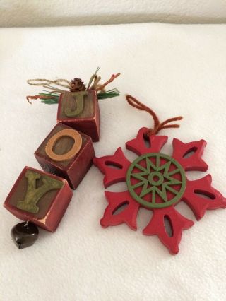 Vtg Wood Snowflake & Joy Block Ornaments