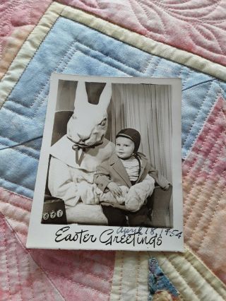 Vintage Photo Easter Bunny W/ Happy Boy 1954 Black White Creepy Unusual 50 