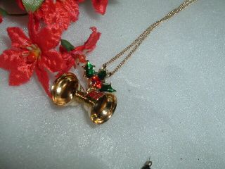 Vintage Christmas Rhinestone Holly Golden Bells Pendant Necklace In Gift Box