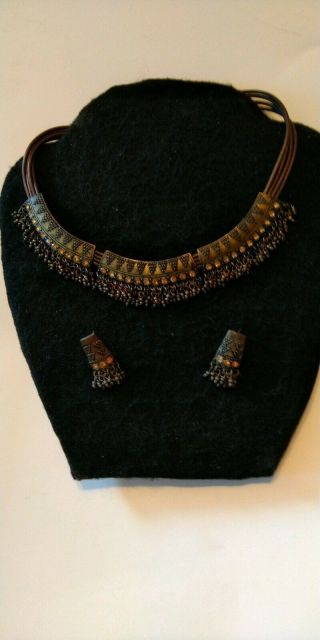 Egyptian Exotic Style Vintage Necklace Choker/earrings,  Dark Brown Copper Metal