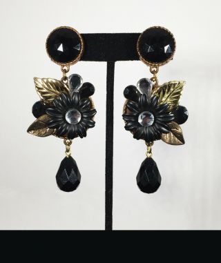 Vintage Large Handmade Diamond Cut Dangle W Gold & Black Flower Clip - On Earrings
