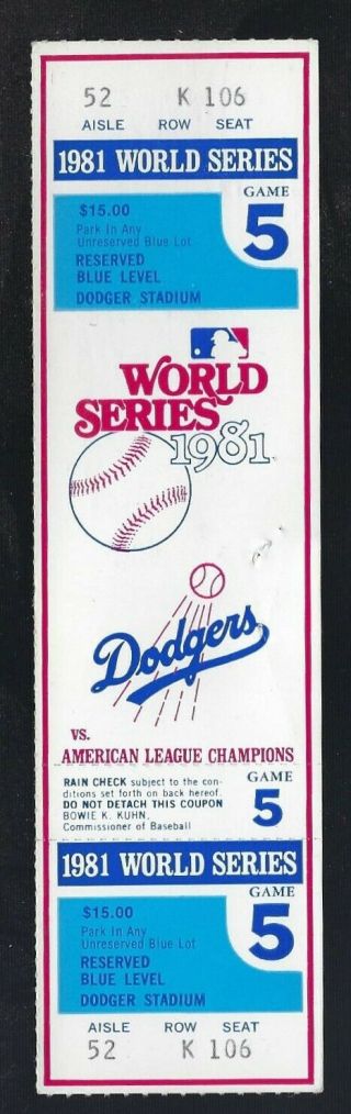 1981 World Series Ny Yankees @ La Dodgers Full Baseball Ticket Game 5