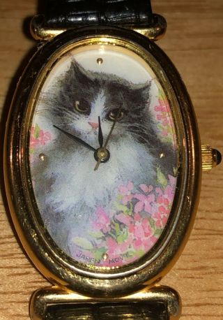 Vintage Avon Cat Kitty With Flowers Watch W/black Leather Band Euc