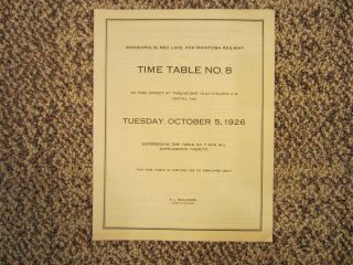 Minneapolis,  Red Lake And Manitoba Railway Employee Timetable No.  8,  1926