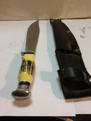 Vintage Hunting Bowie Knife With Leather Sheath