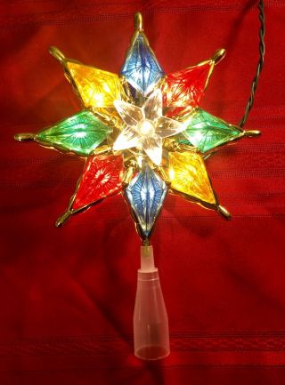 Vintage Christmas Tree Topper Top Stained Glass Look Star 10 Lights Gold Trim