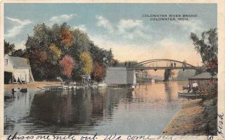 Coldwater Mi 1915 - 17 View Of The Coldwater River Bridge Vintage Michigan Gem 566