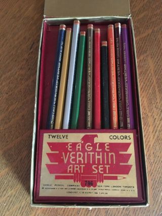 Vintage Berol Eagle 796 Verithin Colored Pencils Art Set Of 10 With Display Case