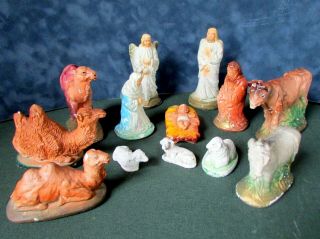 Vintage 13 - Piece Chalkware Nativity Scene,  Holy Family,  Animals,  Angels 50 Off